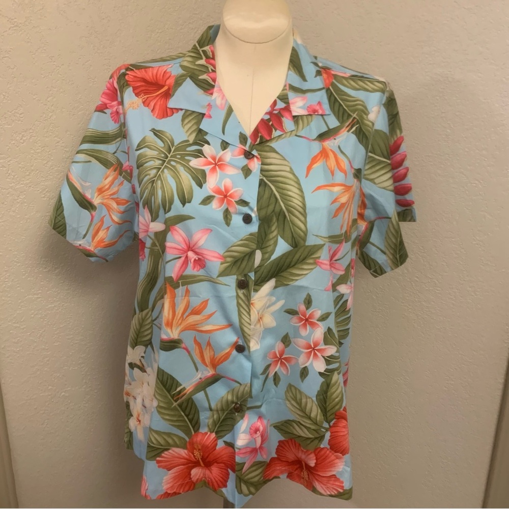 NEW Two Paddles Ladies XL Hawaiian Tropical Floral Button Down Shirt Aloha Blue